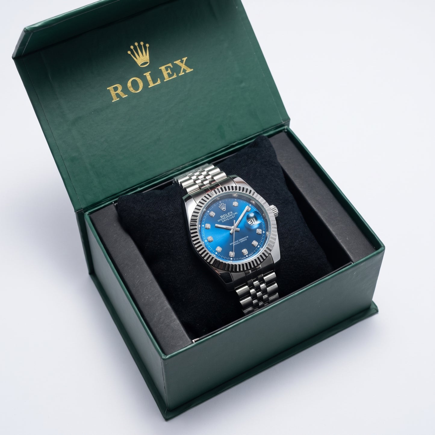 Zeldior Rolex Datejust blue dial steel watch angled view