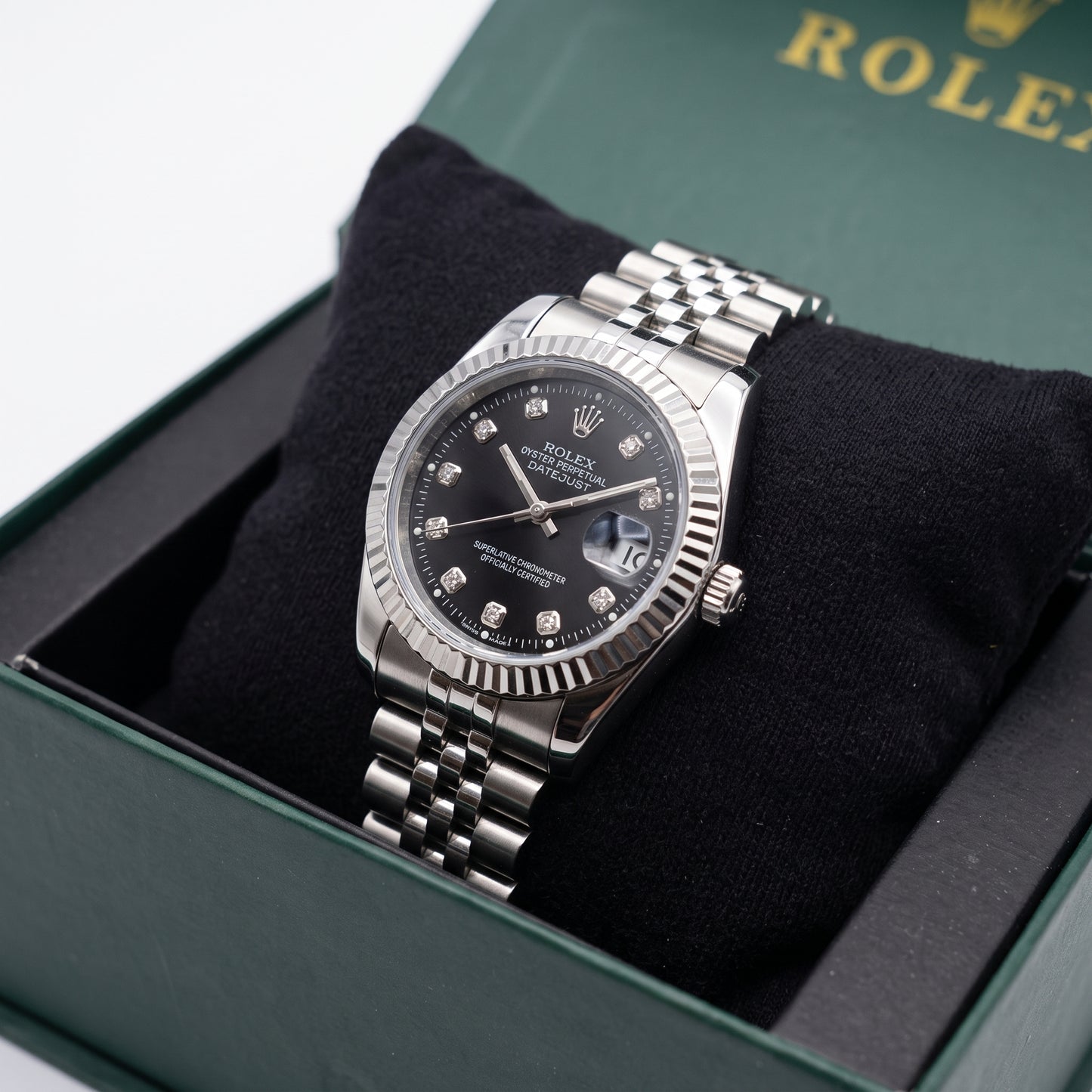 Woman wearing Zeldior Rolex Datejust black dial watch