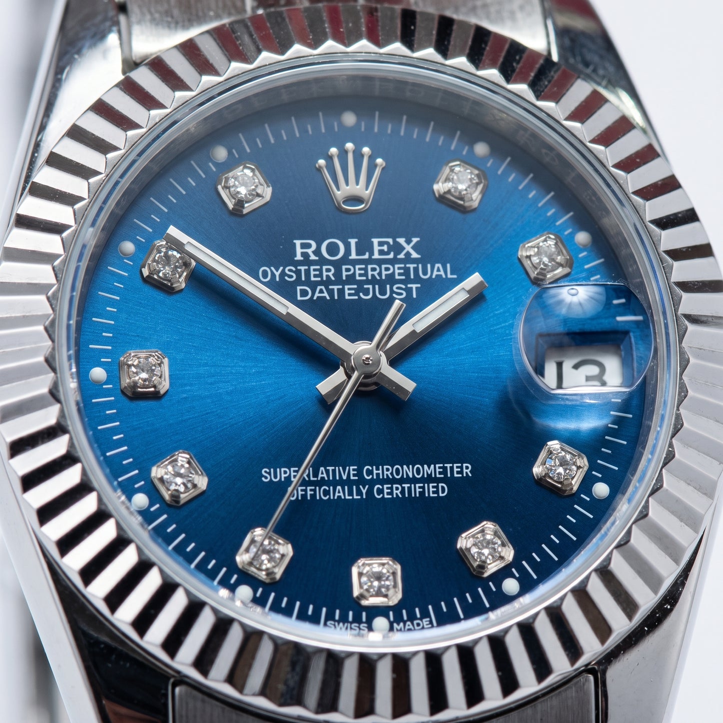 Zeldior Rolex Datejust women's blue dial watch close-up