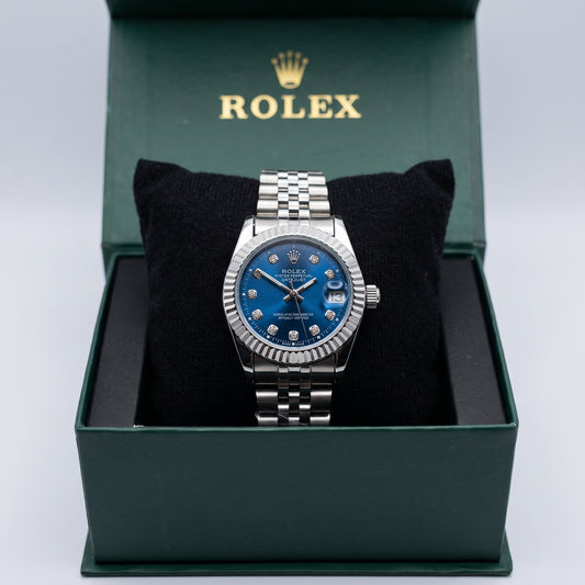 Woman wearing Zeldior Rolex Datejust blue dial watch