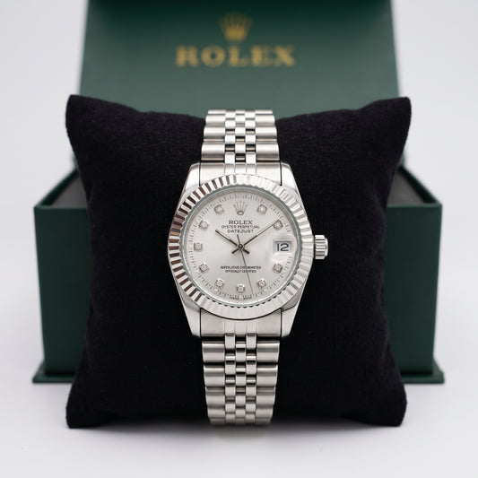 Zeldior Rolex Datejust women's silver dial watch angled view
