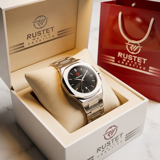 Zeldior RUSTET Ultra-Thin black dial watch feature diagram – waterproof, steel case, double lock clasp
