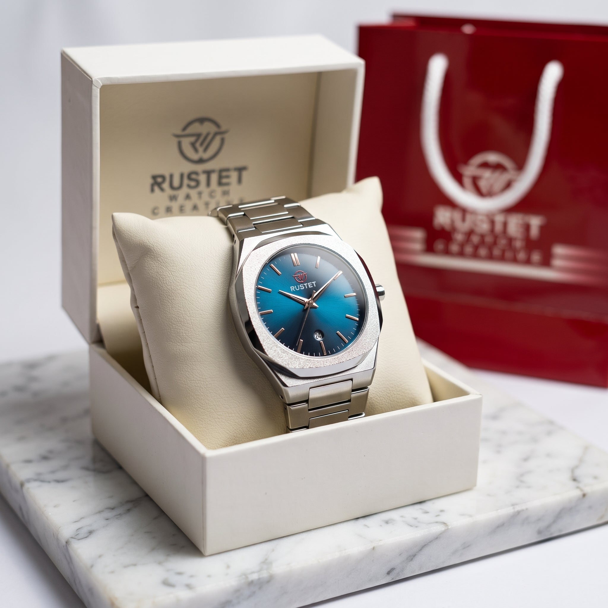 Zeldior RUSTET Ultra-Thin blue sunburst dial watch close-up with date window