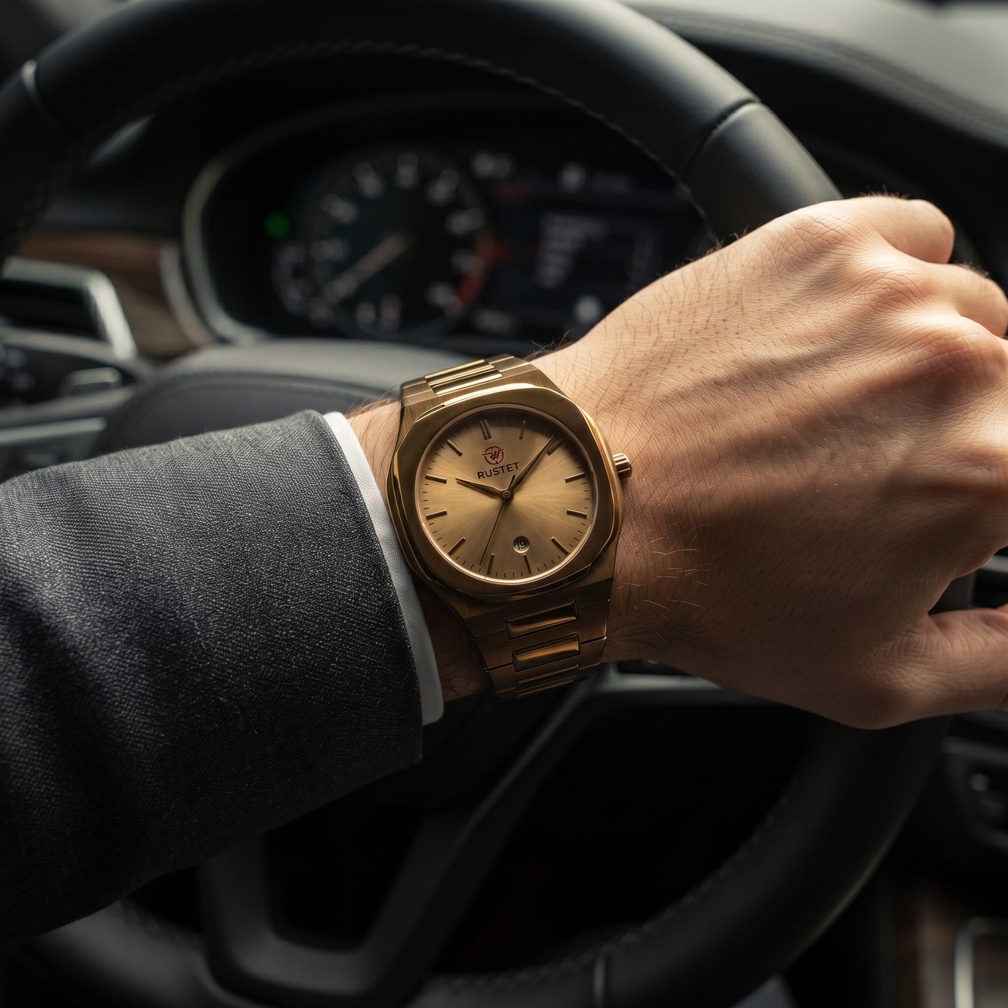 Zeldior RUSTET Ultra-Thin full gold sunburst dial watch close-up with date window