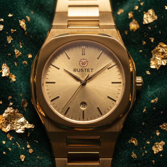 Zeldior RUSTET Ultra-Thin full gold watch feature diagram – waterproof, steel case, double lock clasp