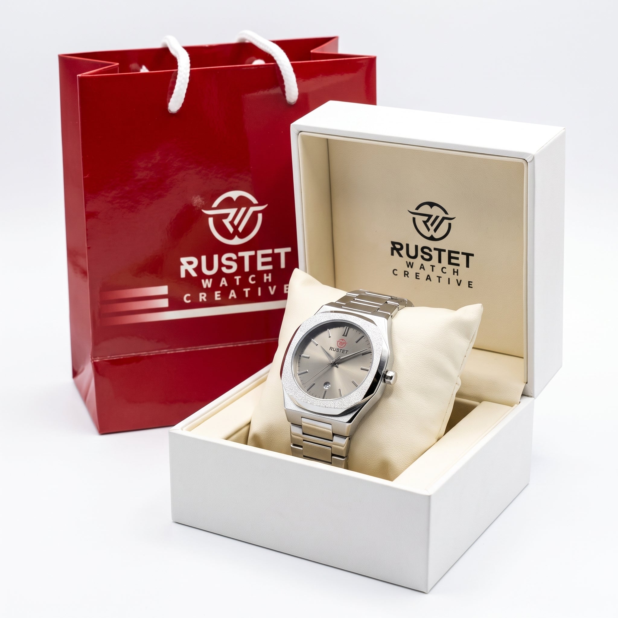 Zeldior RUSTET Ultra-Thin grey dial watch feature diagram – waterproof, steel case, double lock clasp