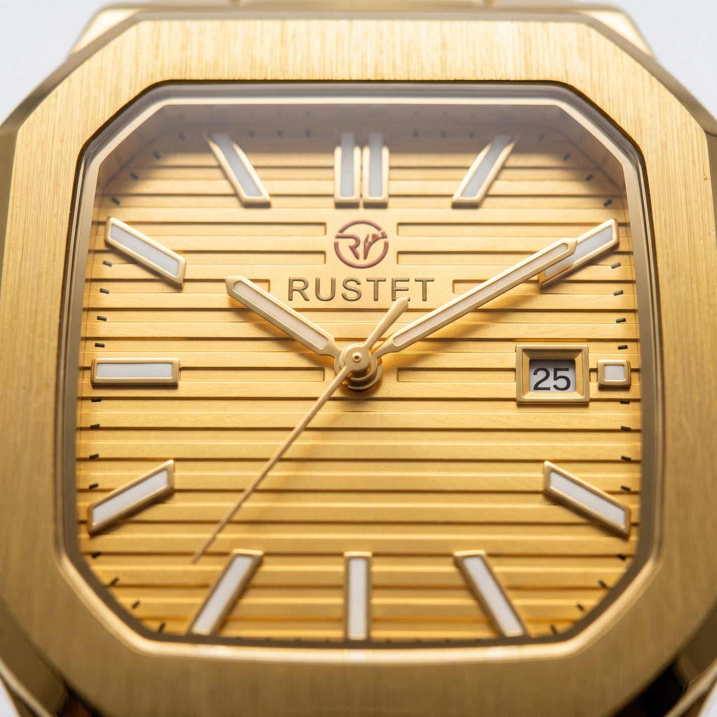 Zeldior RUSTET Ultra-Thin square full gold watch feature diagram – waterproof, gold-plated case, double lock clasp