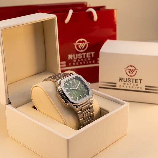 Zeldior RUSTET Ultra-Thin square green pleated dial watch close-up with date window