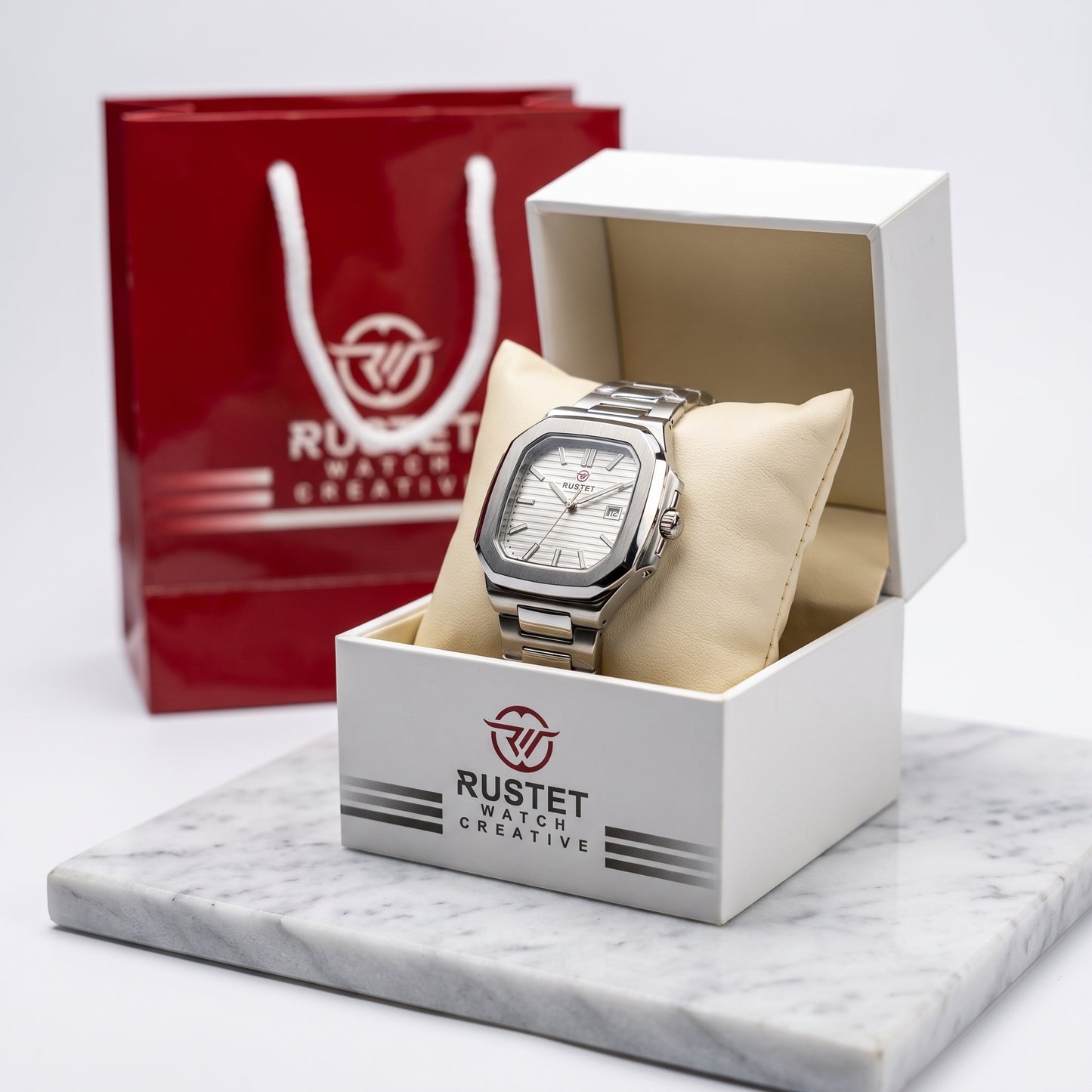 Zeldior RUSTET Ultra-Thin square silver pleated dial watch close-up with date window