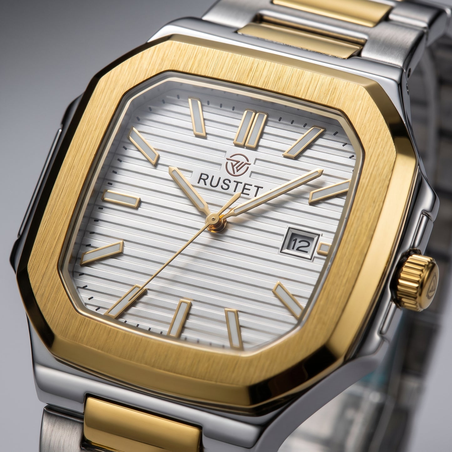 Zeldior RUSTET Ultra-Thin square two-tone pleated dial watch close-up with date window