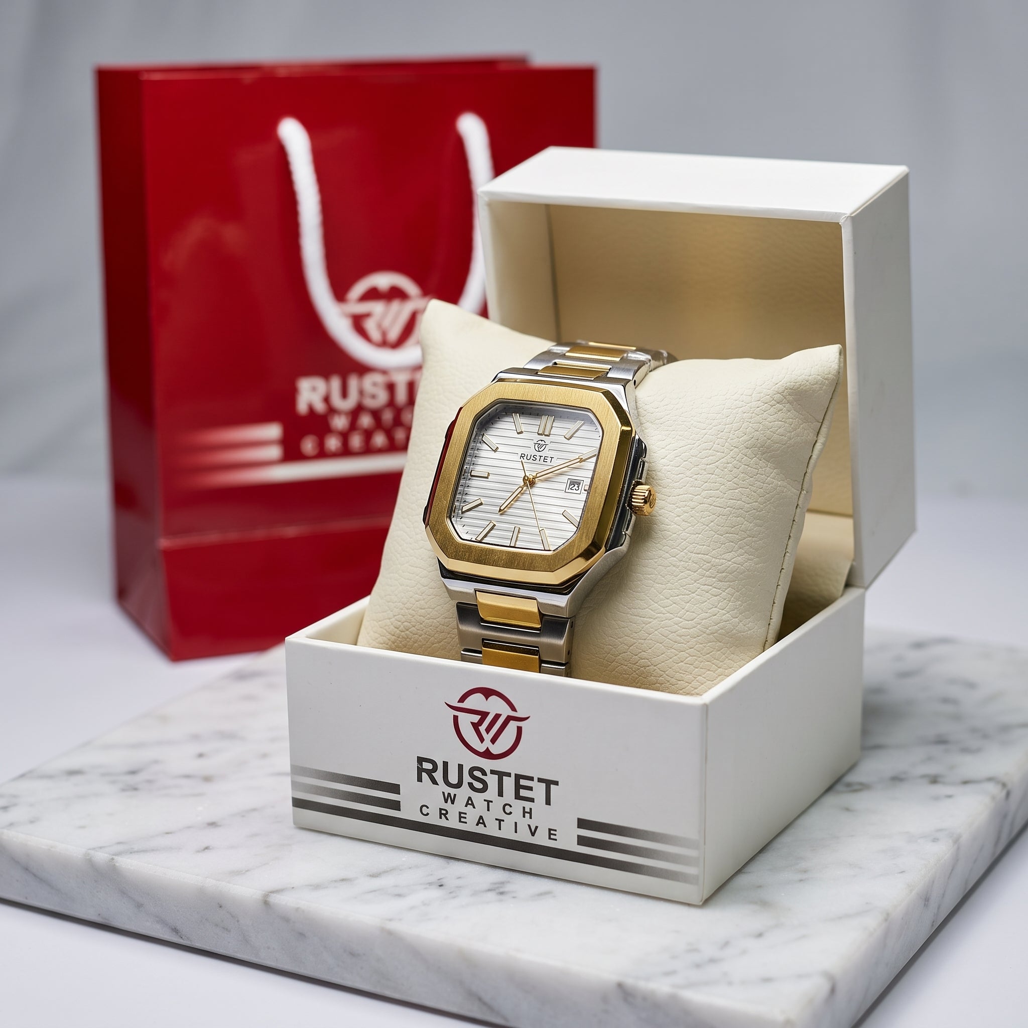 Zeldior RUSTET Ultra-Thin square two-tone watch feature diagram – waterproof, gold-plated case, double lock clasp