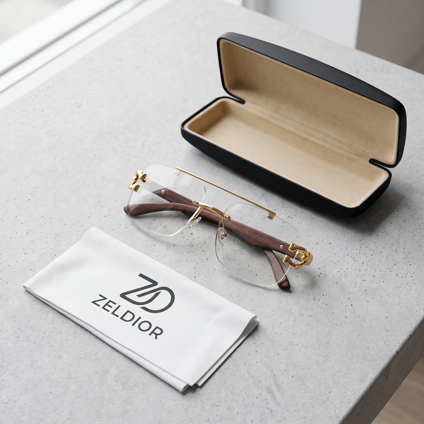 ZELDIOR Rimless Photochromic Aviator Sunglasses – Gold Jaguar Edition