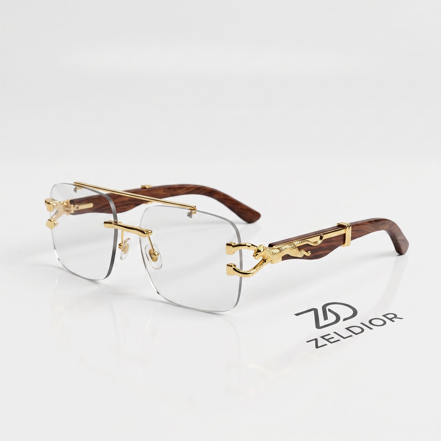 ZELDIOR rimless photochromic sunglasses displayed on black hard case