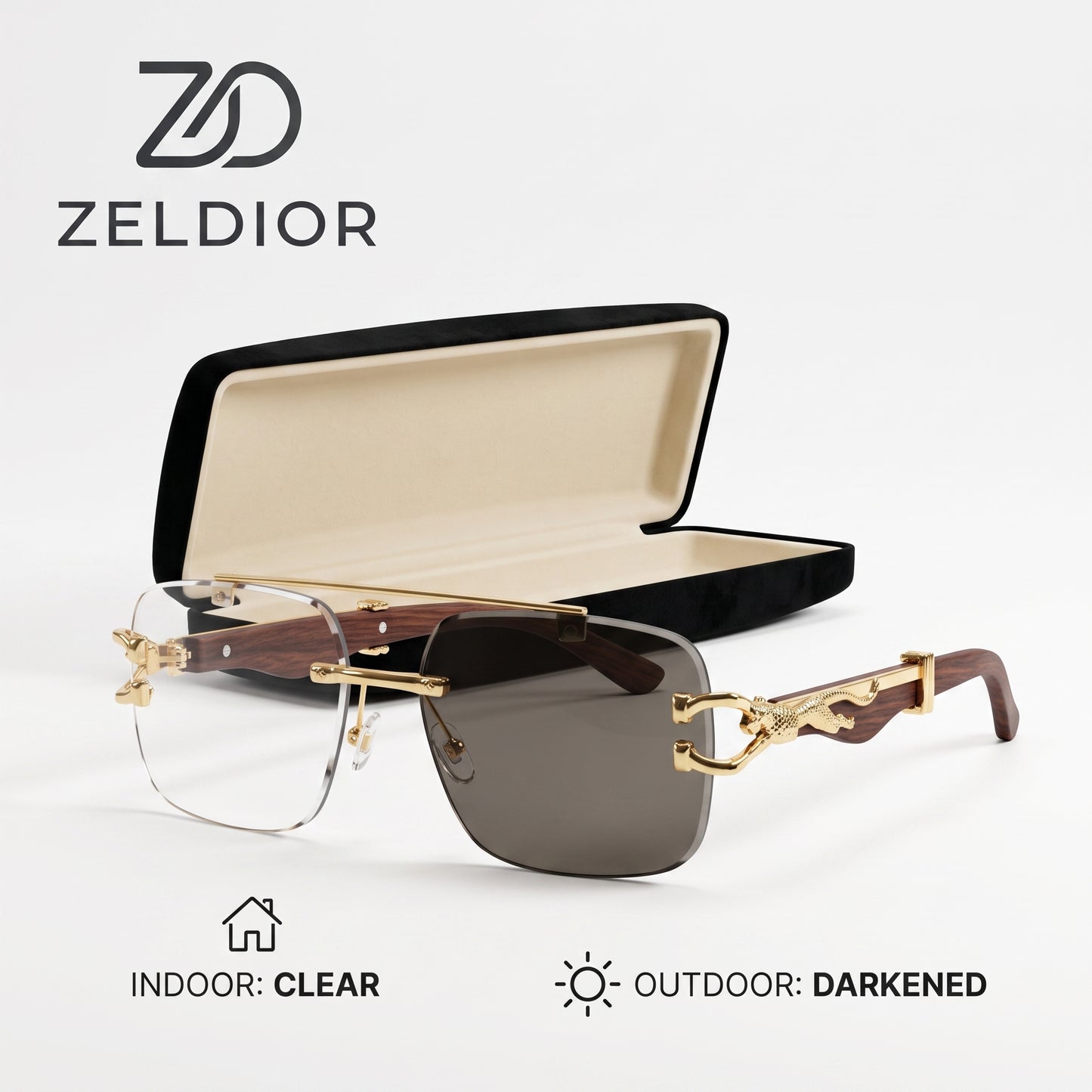 ZELDIOR Rimless Photochromic Aviator Sunglasses – Gold Jaguar Edition