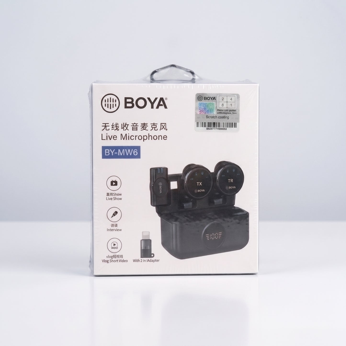 BOYA BY-MW6 dual wireless lavalier microphone packaging front view