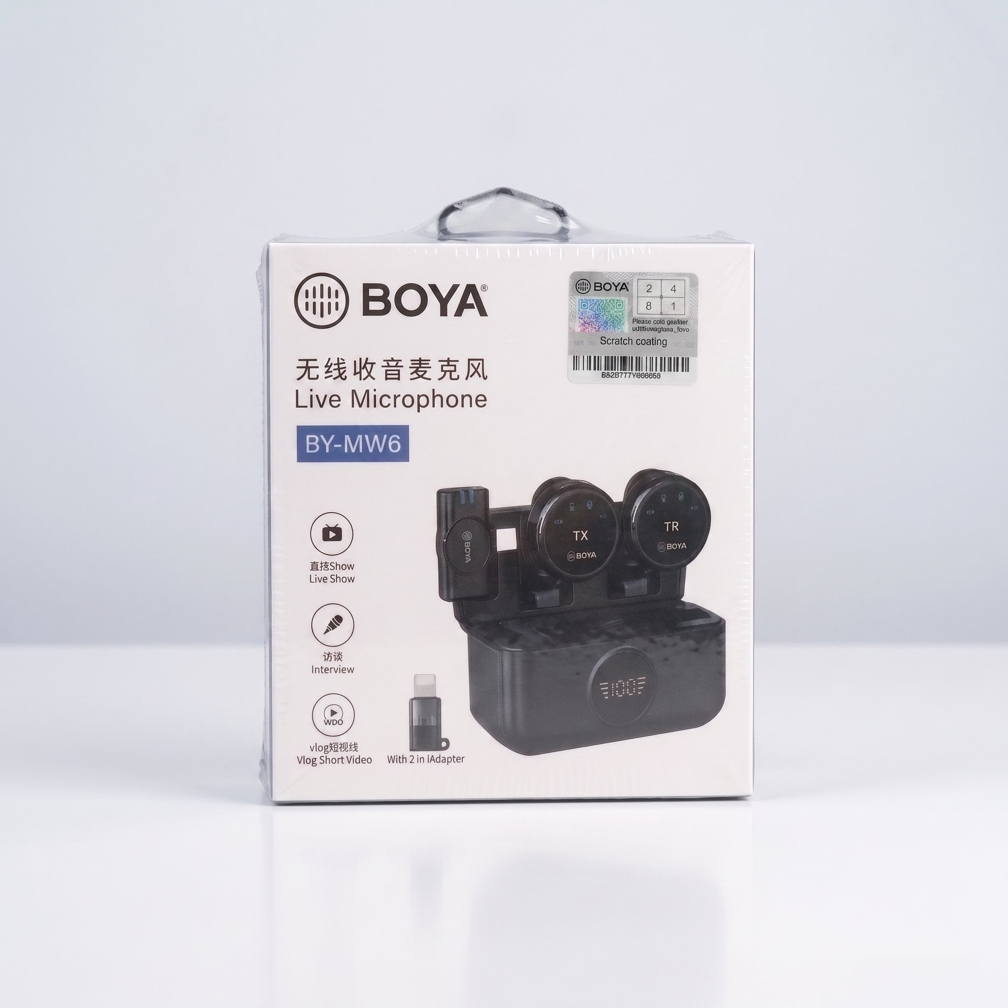 BOYA BY-MW6 dual wireless lavalier microphone packaging front view