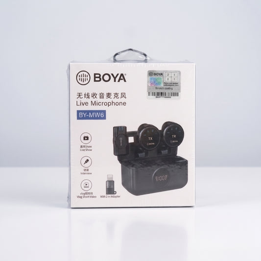 BOYA BY-MW6 dual wireless lavalier microphone packaging front view