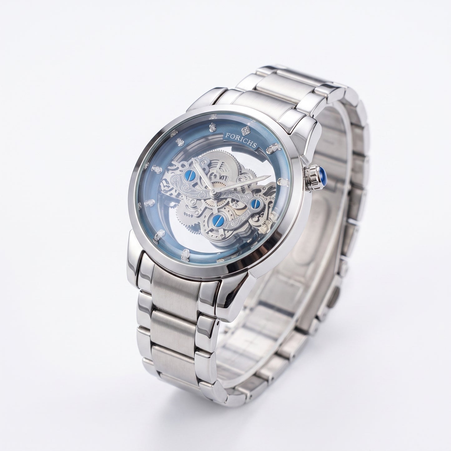 FORICHS automatic skeleton watch infographic highlighting transparent dial, premium stainless steel, and 5ATM water resistance