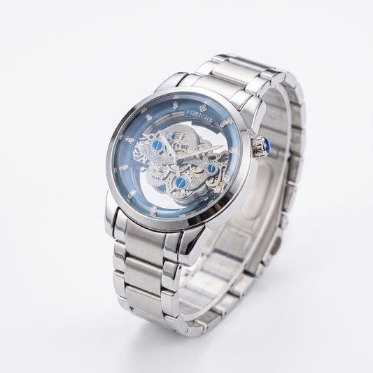 FORICHS automatic skeleton watch infographic highlighting transparent dial, premium stainless steel, and 5ATM water resistance