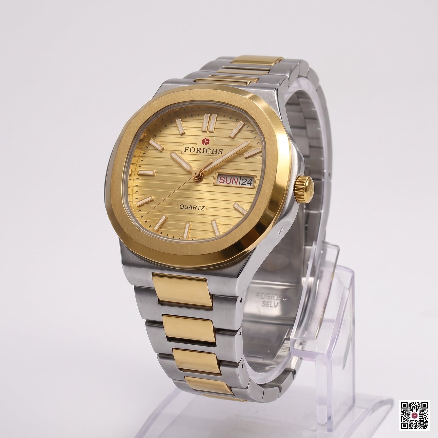 FORICHS two-tone silver and gold quartz watch with golden textured dial and day-date window, shown on a display stand
Category: Watches