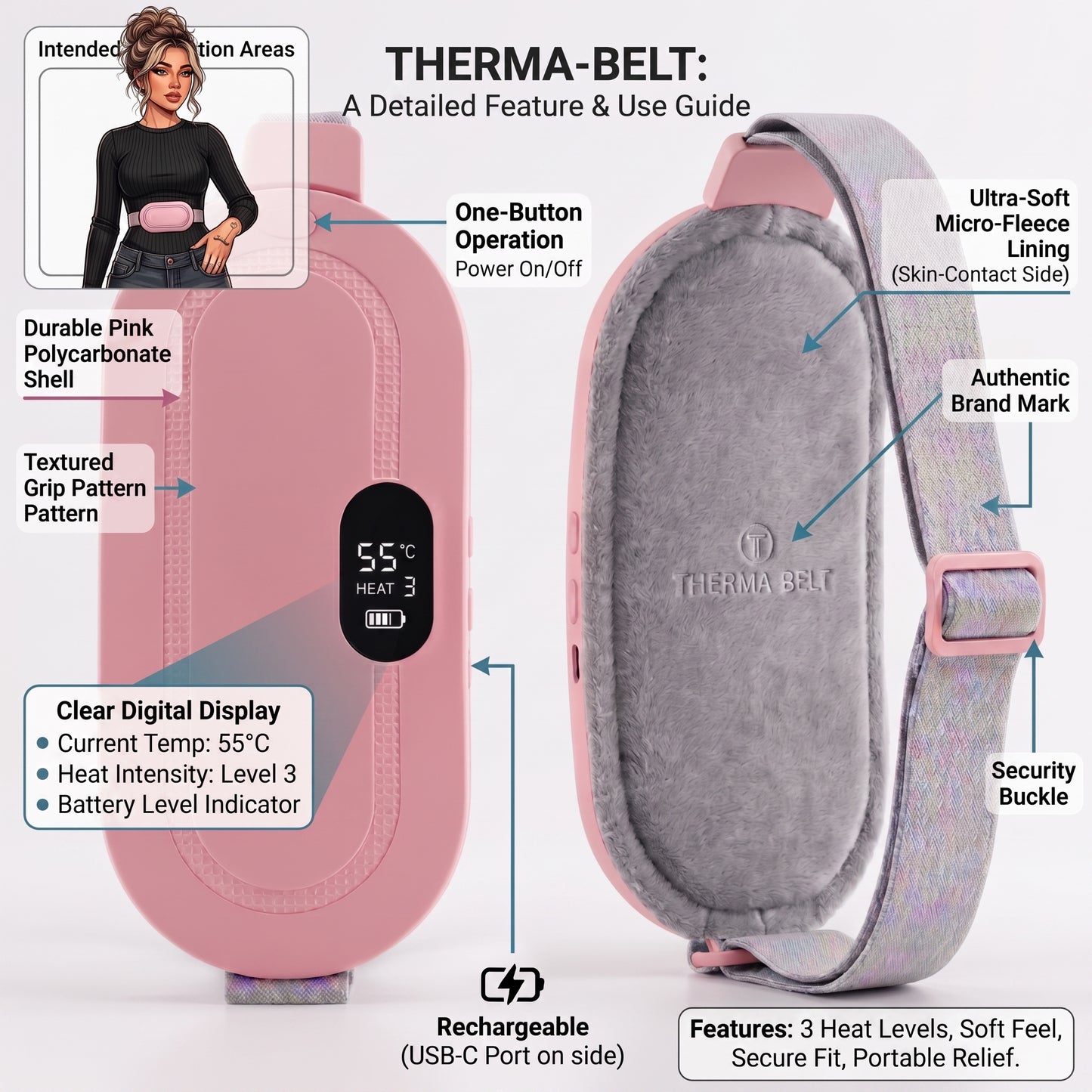 Smart Rechargeable Heat Belt with Vibration Massage | Digital Heat Therapy for Back, Waist & Menstrual Pain Relief