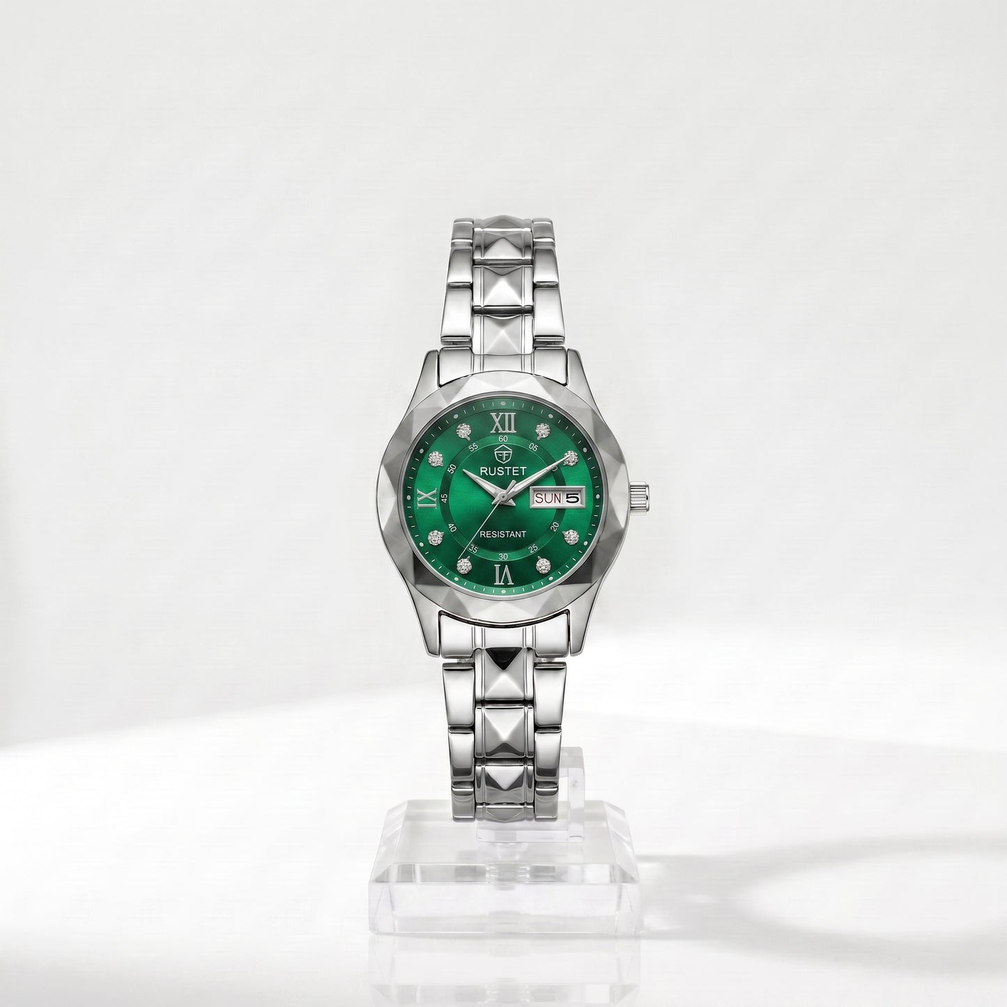 Zeldior RUSTET Women's Green Crystal Watch dial with 3D faceted crystal design and day-date window