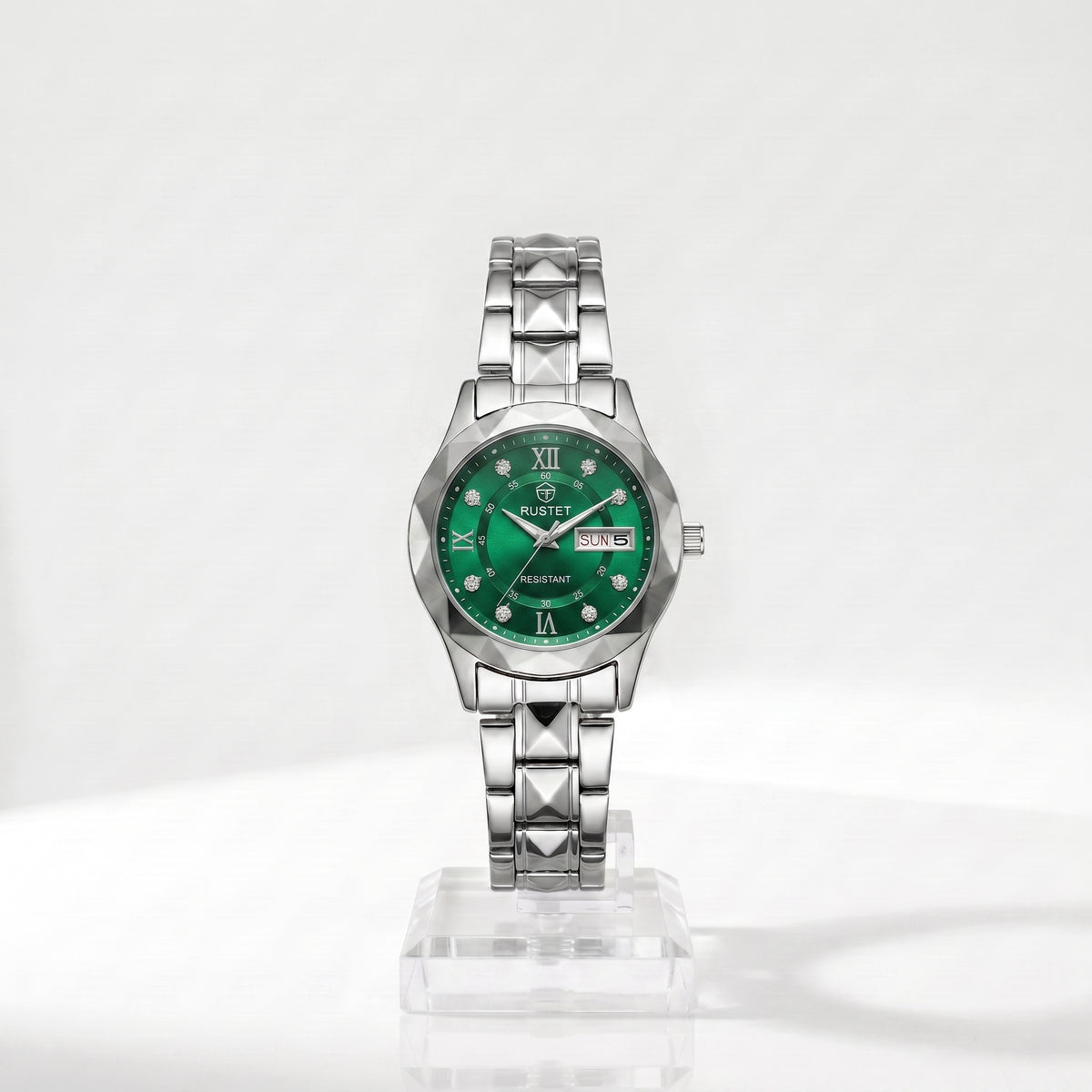Zeldior RUSTET Women's Green Crystal Watch dial with 3D faceted crystal design and day-date window