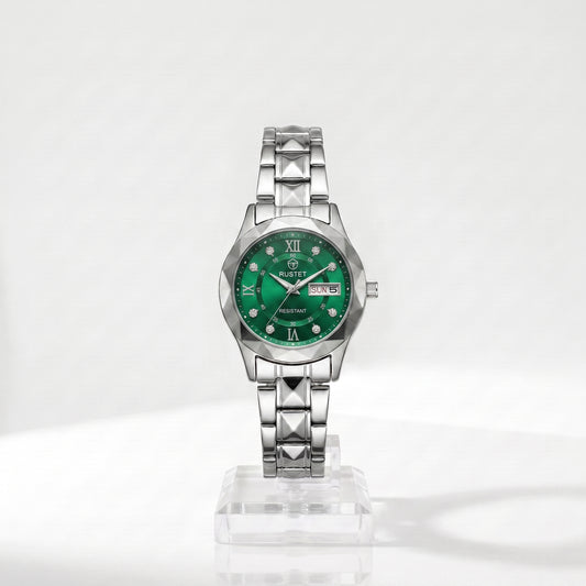 Zeldior RUSTET Women's Green Crystal Watch dial with 3D faceted crystal design and day-date window
