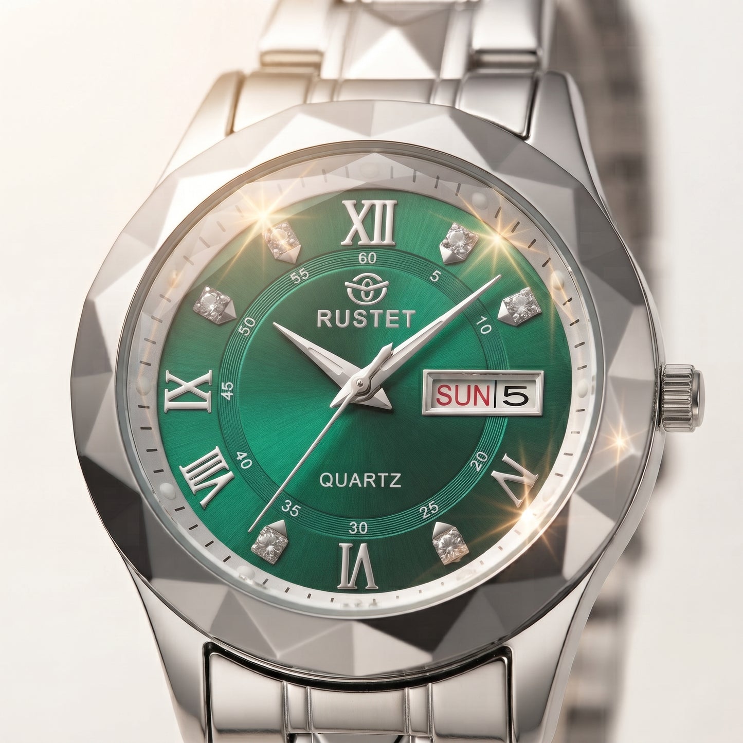 Zeldior RUSTET Women's Green Crystal Watch full front view on display stand
