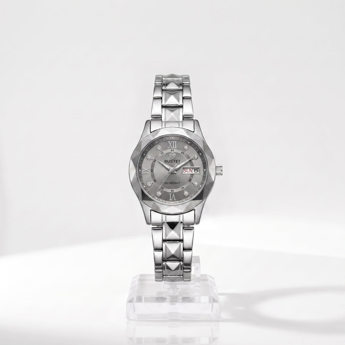 Zeldior RUSTET Women's Watch grey dial with 3D faceted crystal design and day-date window