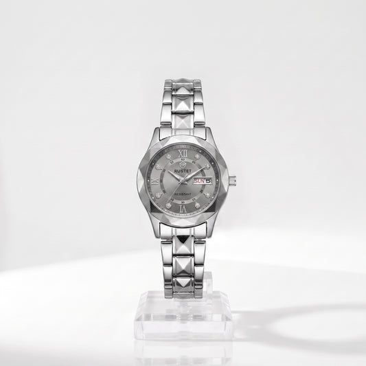 Zeldior RUSTET Women's Watch grey dial with 3D faceted crystal design and day-date window