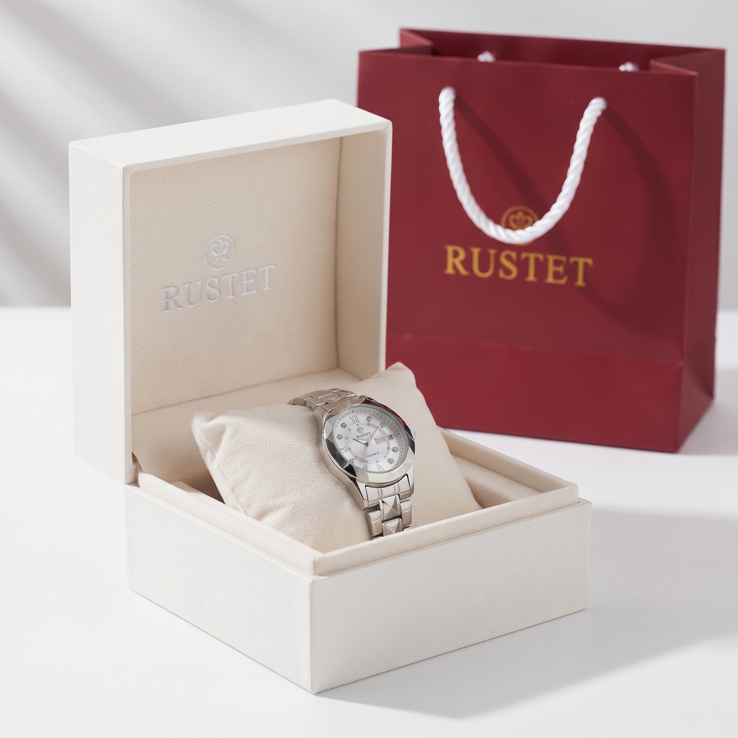 Zeldior RUSTET Women's Silver Crystal Watch in luxury gift box packaging