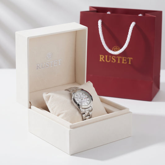 Zeldior RUSTET Women's Silver Crystal Watch in luxury gift box packaging