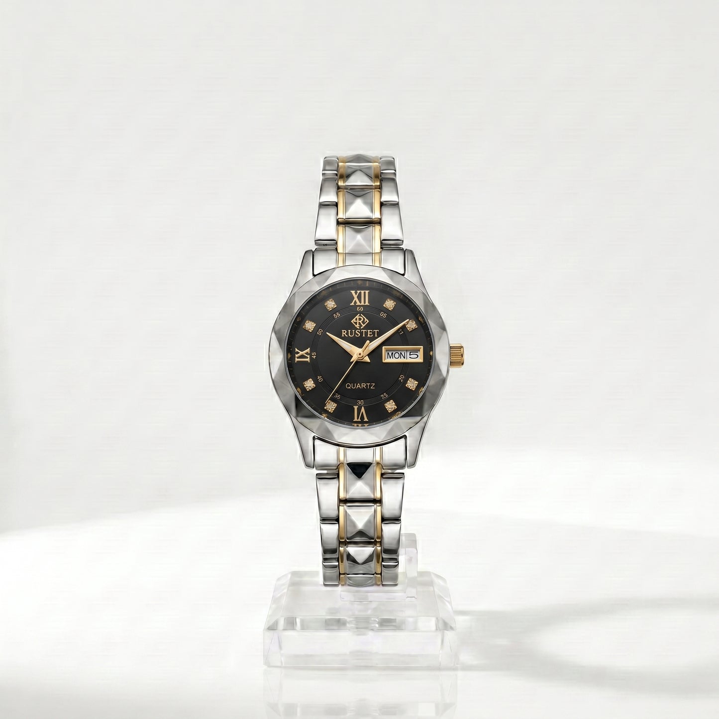 Zeldior RUSTET Women's Two-Tone Watch full front view with day-date window