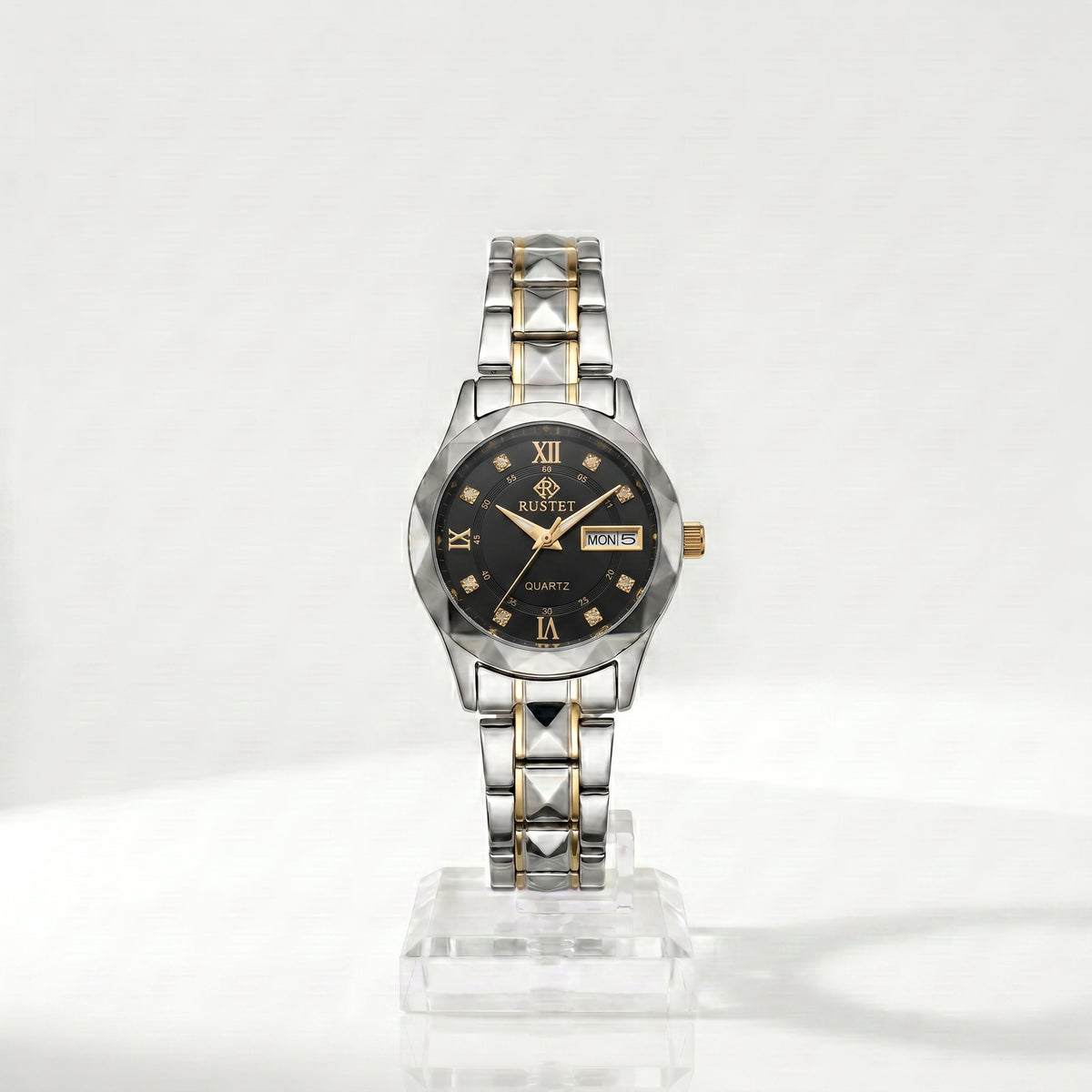Zeldior RUSTET Women's Two-Tone Watch full front view with day-date window