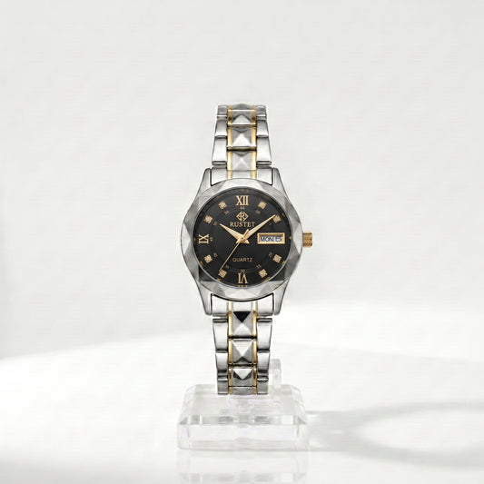 Zeldior RUSTET Women's Two-Tone Watch full front view with day-date window