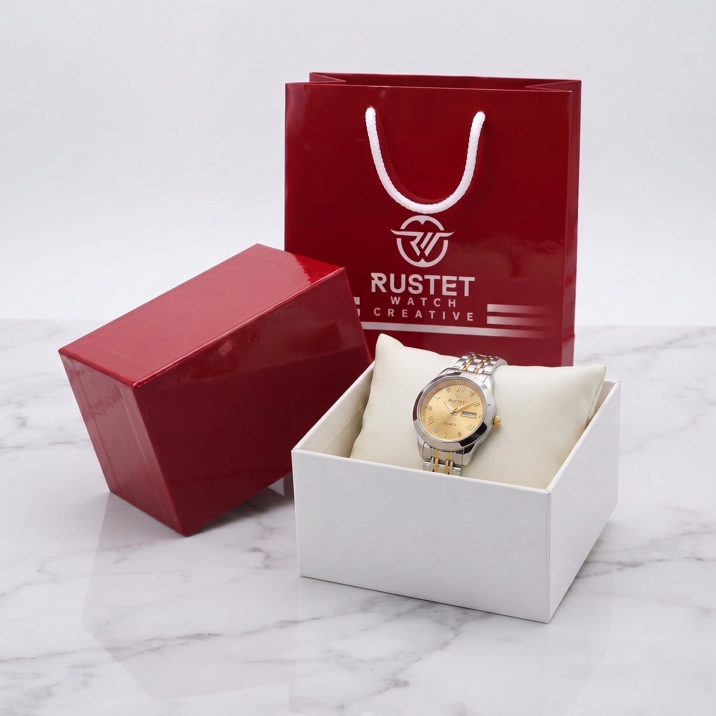 Zeldior RUSTET Women's Two-Tone Gold Dial Watch feature explainer showing waterproof and clasp details