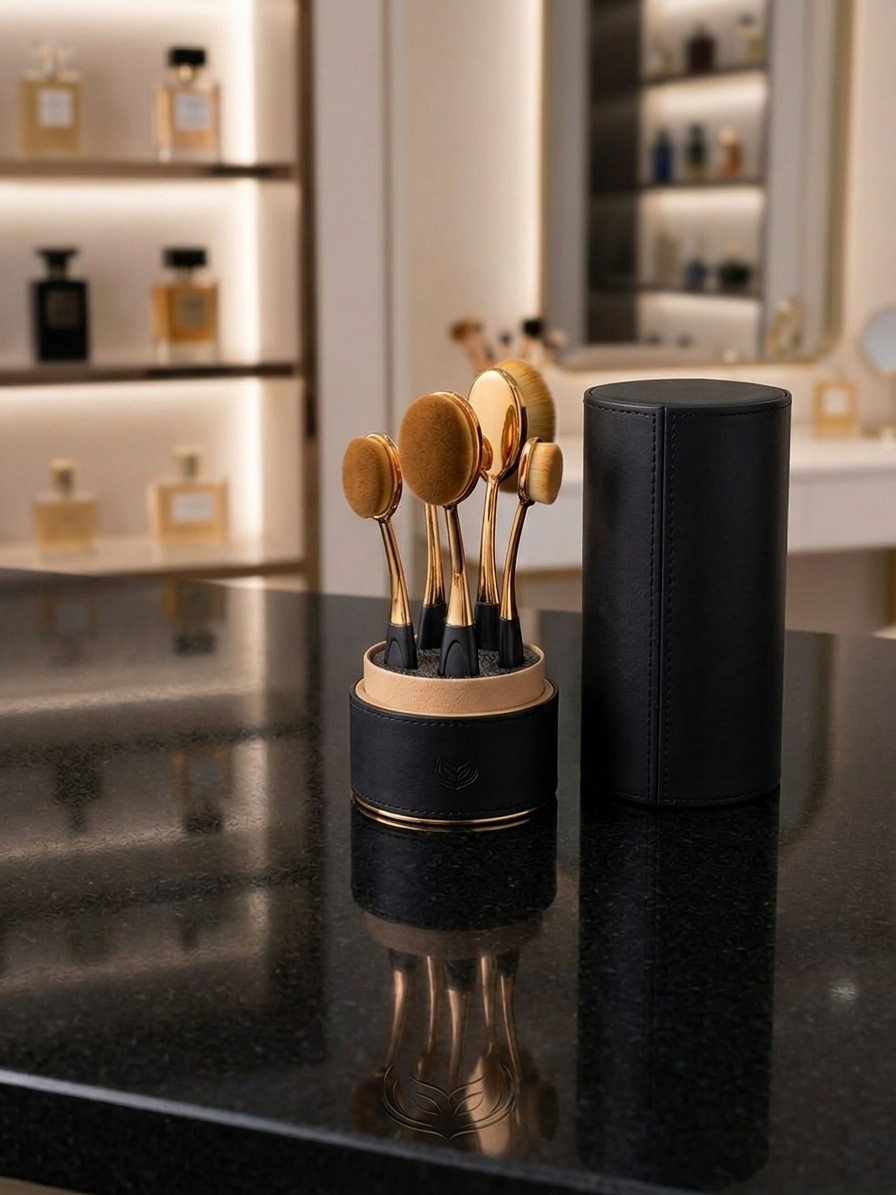 Lcosmetic Oval Makeup Brush Set with Premium Branded Case – 5 Piece Blending Brushes