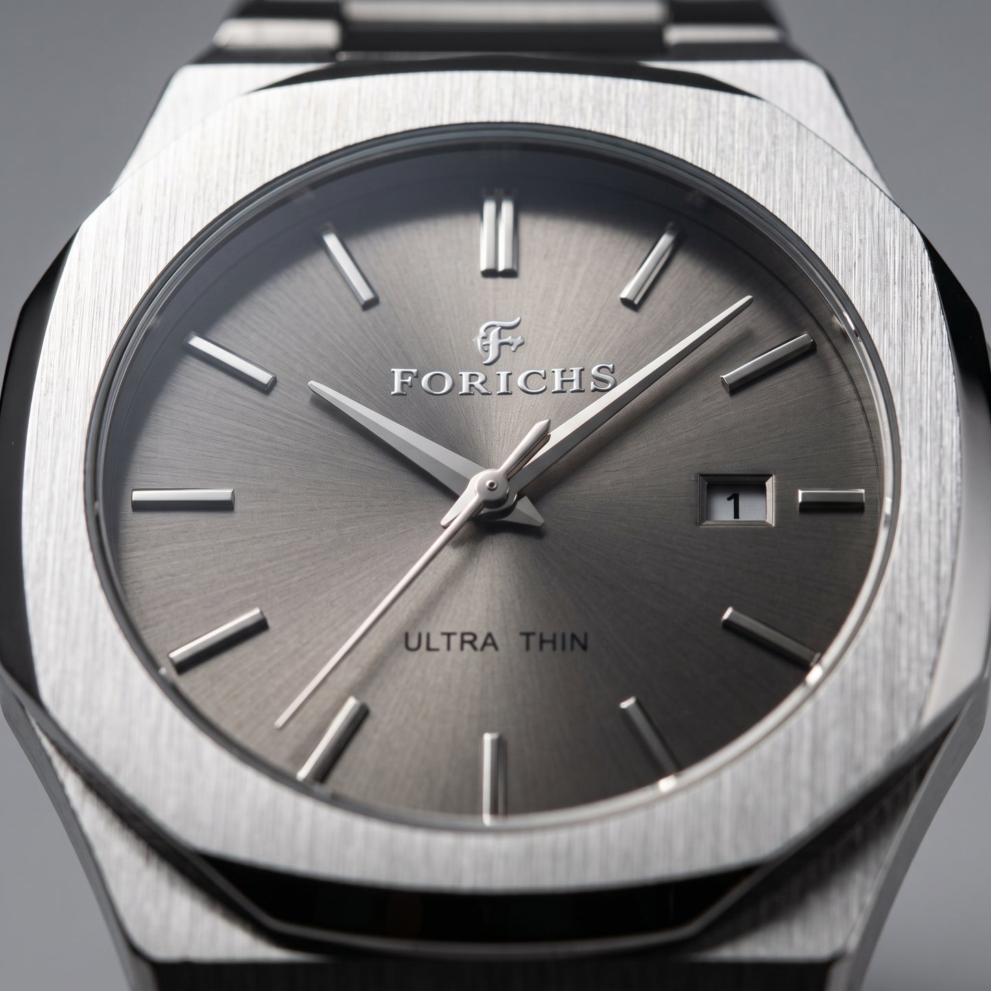 Zeldior FORICHS grey steel watch showing sapphire glass, waterproof, and double lock clasp