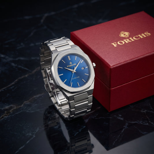 Zeldior FORICHS Ultra-Thin blue dial quartz watch dial closeup with date window