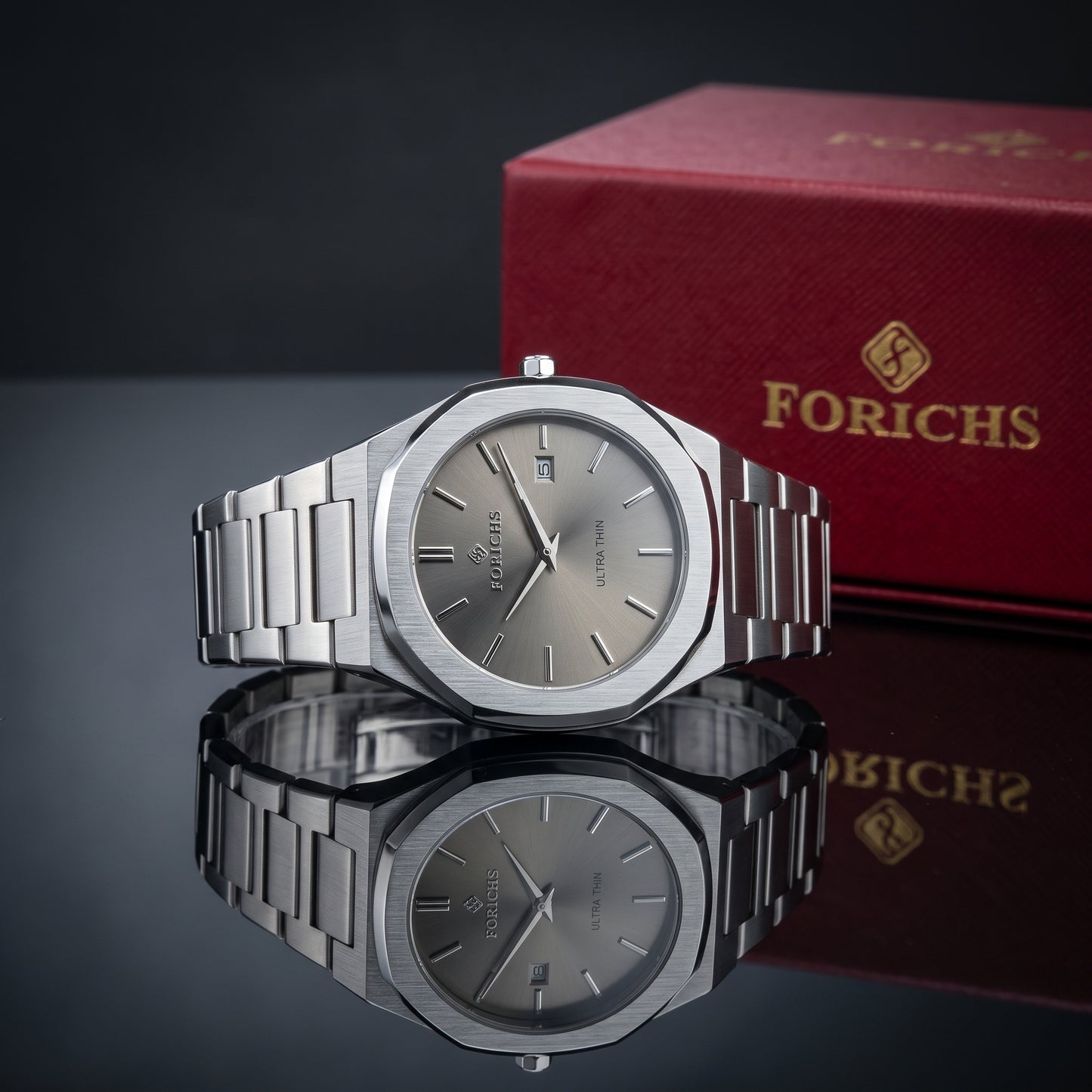 Zeldior FORICHS Ultra Thin grey steel quartz watch dial closeup with date window