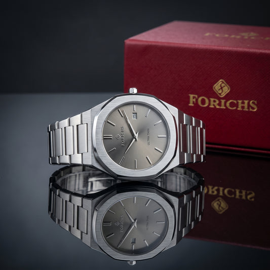 Zeldior FORICHS Ultra Thin grey steel quartz watch dial closeup with date window