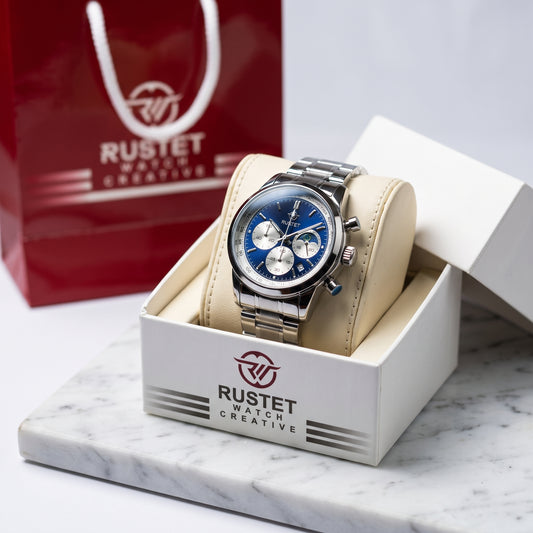 Zeldior RUSTET blue dial chronograph watch closeup with tachymeter and moon phase