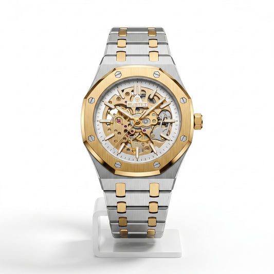 Zeldior RUSTET Men's Two-Tone Skeleton Watch front view showing automatic movement